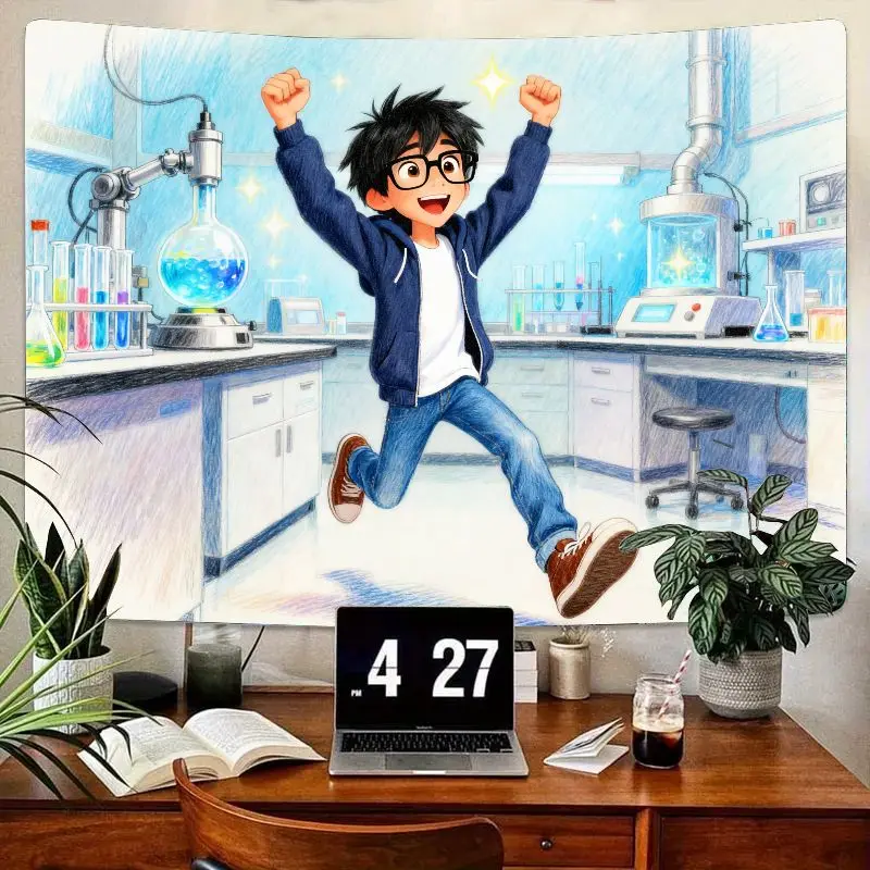 

1 шт. радостный аниме-мальчик, ученый лабораторный гобелен, яркий научный эксперимент, настенное искусство, современный полиэстер, декор для детской комнаты-подростка, подарок