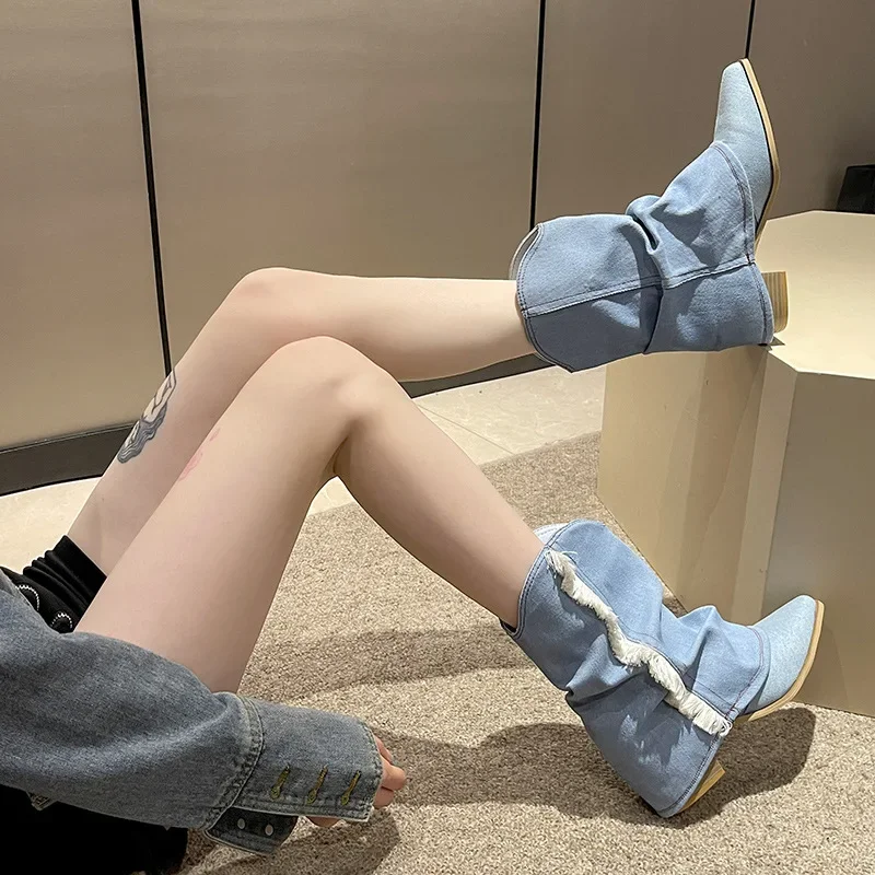 Plisowane niebieskie buty jeansowe modne damskie Chelsea Boots jesień zima w połowie buty na obcasie 2024 nowe buty damskie Botas Altas Mujer