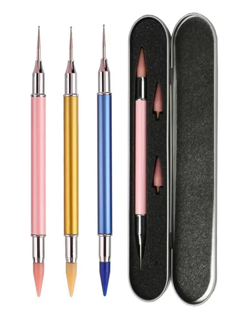 Dual-ended Nail Art Dotting Pen Set With 2 Replaced Heads Rhinestone Beads Studs Picker Wax Pencil Brush Nails Art Tools