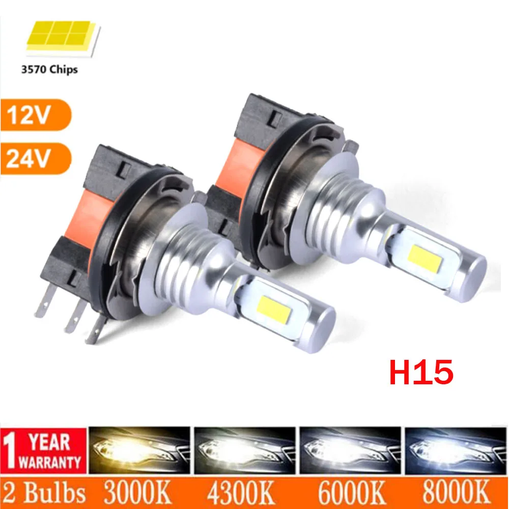 2Pcs H15 LED H11B Headlight Bulbs Canbus Error Free 6000K White 30000LM Car LED Headlamps High Beam DRL Driving Lamps 12V 24V