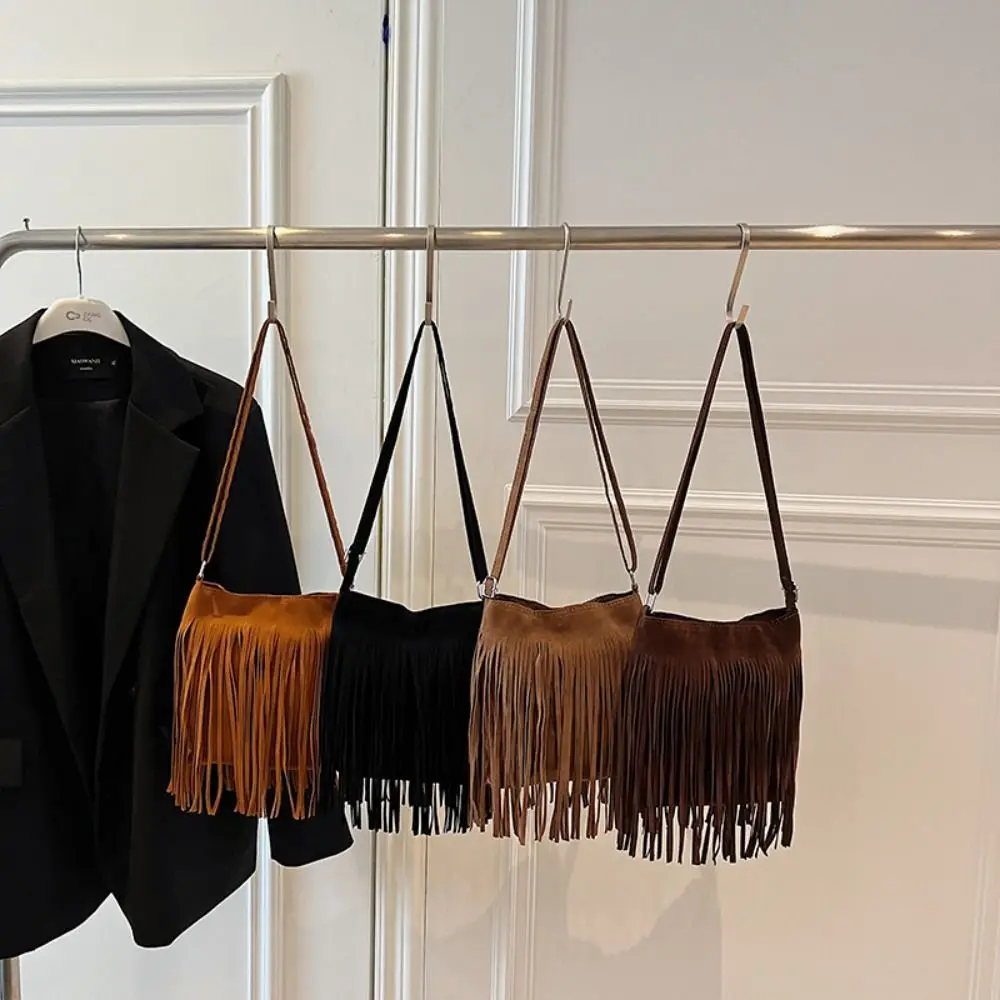 

Korean Style Fringe Suede Messenger Bag Solid Color Large Capacity Tassel Shoulder Bag Ethnic Style PU Leather Crossbody Bag