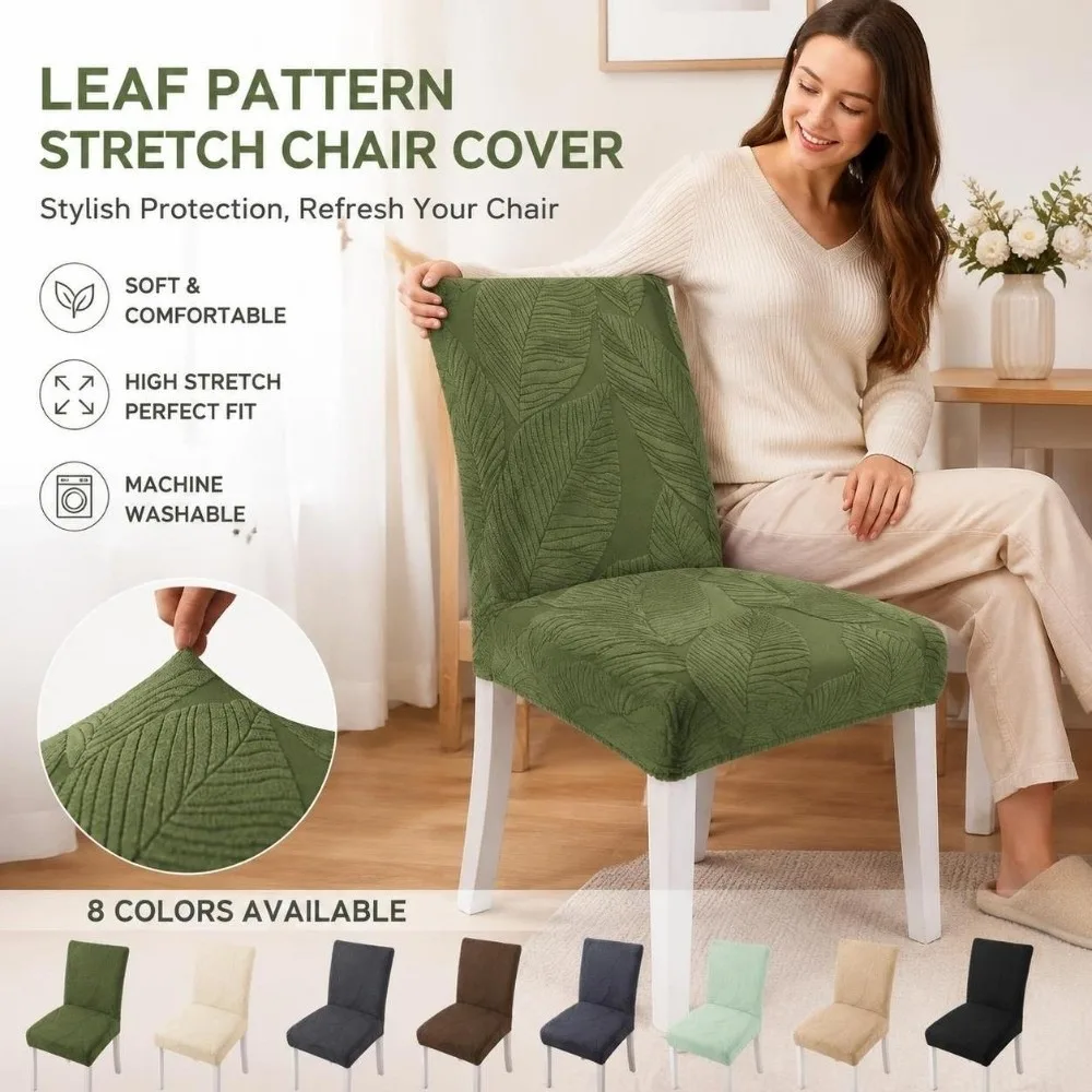 Full Cover Stretch Dining Chair Cover Woven 3D Leaf Jacquard Chair Cover Scratch Proof Stain Resistant Elastic Chair Cover