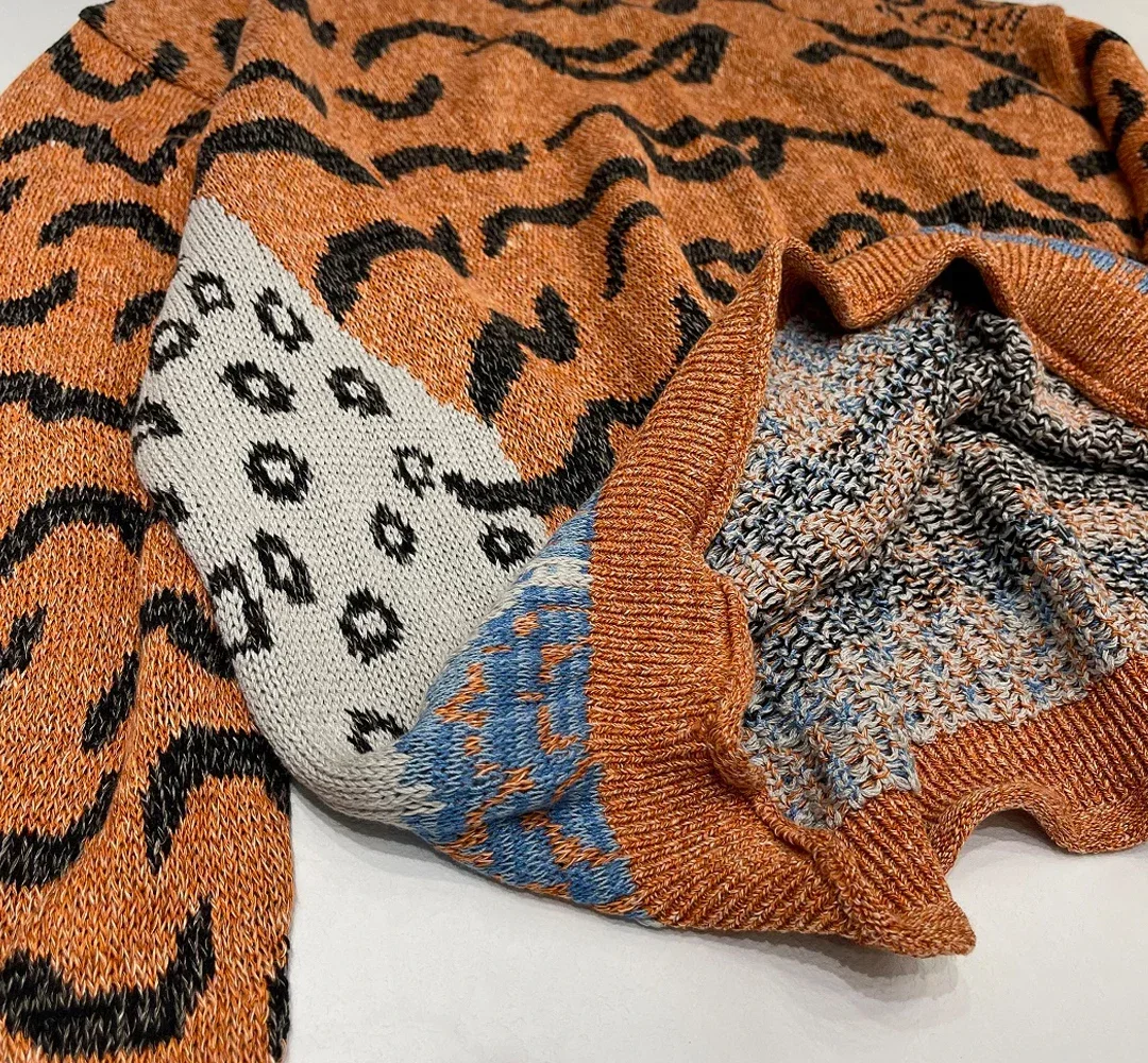 Kapital Vintage Non Hirata Hiroshi Leopard Tiger Printed Pullover Men's and Women's Loose Round Neck Orange Knitting Sweater