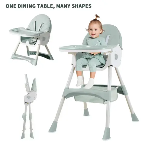 Baby high chair, Children's foldable high chair, with multi-adjustable backrest, double-layer plates and a safety belt