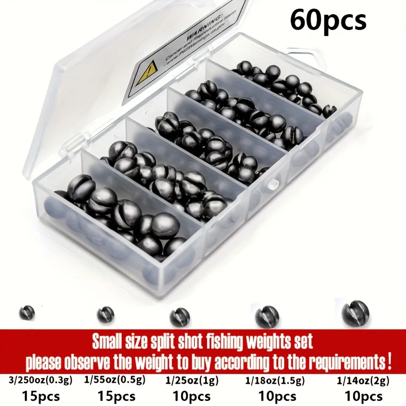 60/120-teiliges Angelgewichte-Set, Premium-Split-Shot-Sinker mit 5 vielseitigen Größen, rundes, abnehmbares Design, perfekt für Süßwasser