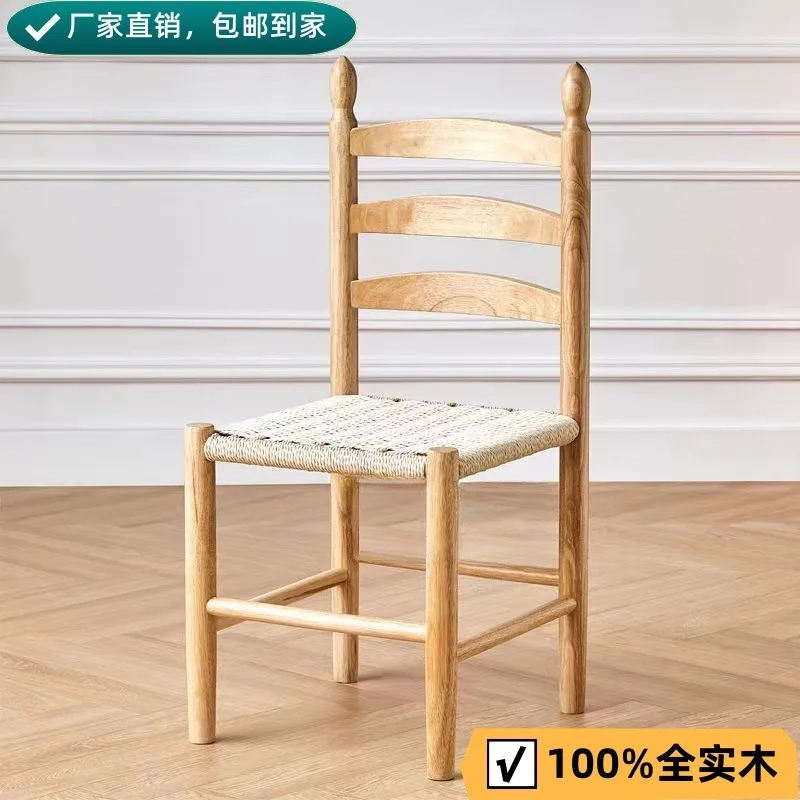

Nordic solid wood retro rope weaving household makeup chair light luxury American computer chair stool casual antique simple