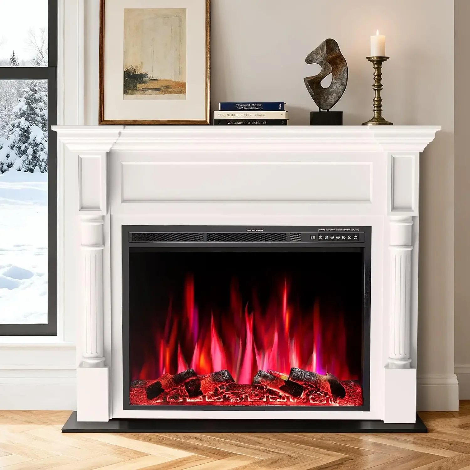 55in Electric Fireplace with Mantel, TV Stand with Freestanding Electric Fireplace, Remote Control, 12 Color, Customized