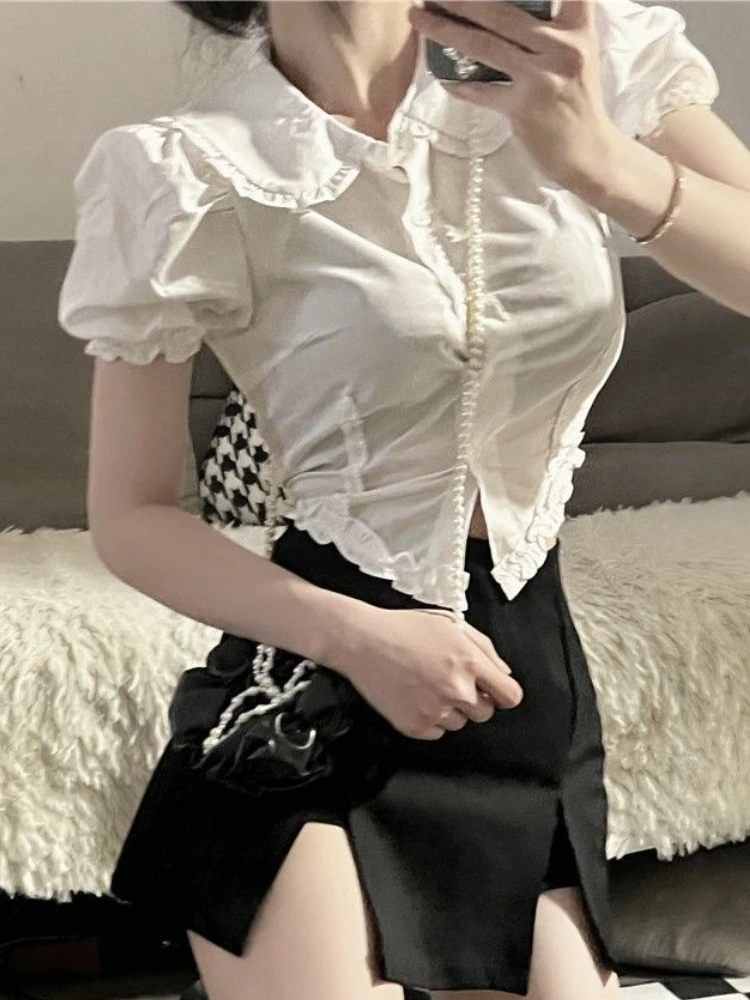 Shirts Women Summer Peter Pan Collar Daily Sweet Girls Students Slim Crop Tops Korean Style Fashion Chic All-match Camisas Mujer