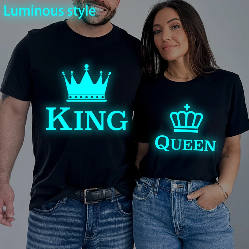 

Sweet King and Queen Print T Shirts for Spring Summer Couples Casual Classic Luminous Style Y2K Tops Vintage Women Men T-shirts