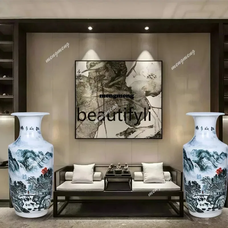 N    Jingdezhen ceramics hand-painted blue and white porcelain landscape floor-to-ceiling large vase flower arrangement painti