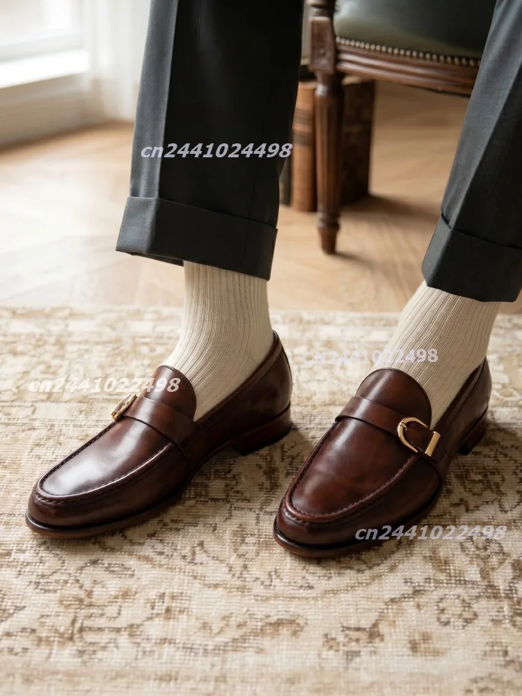 Men's Vintage Brown Faux Leather Metal Buckle Loafers Slip On Penny Style Low Heel Classic Formal Business Office Dress Shoes