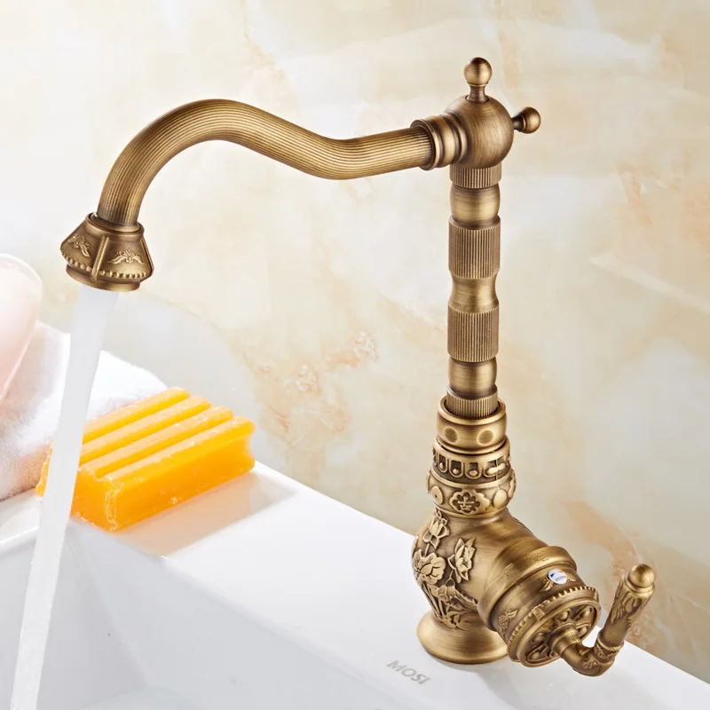 Kitchen Faucet Vintage Antique Hot Cold Rotating Bathroom Sink Carved Basin Mixer Tap Solid Brass