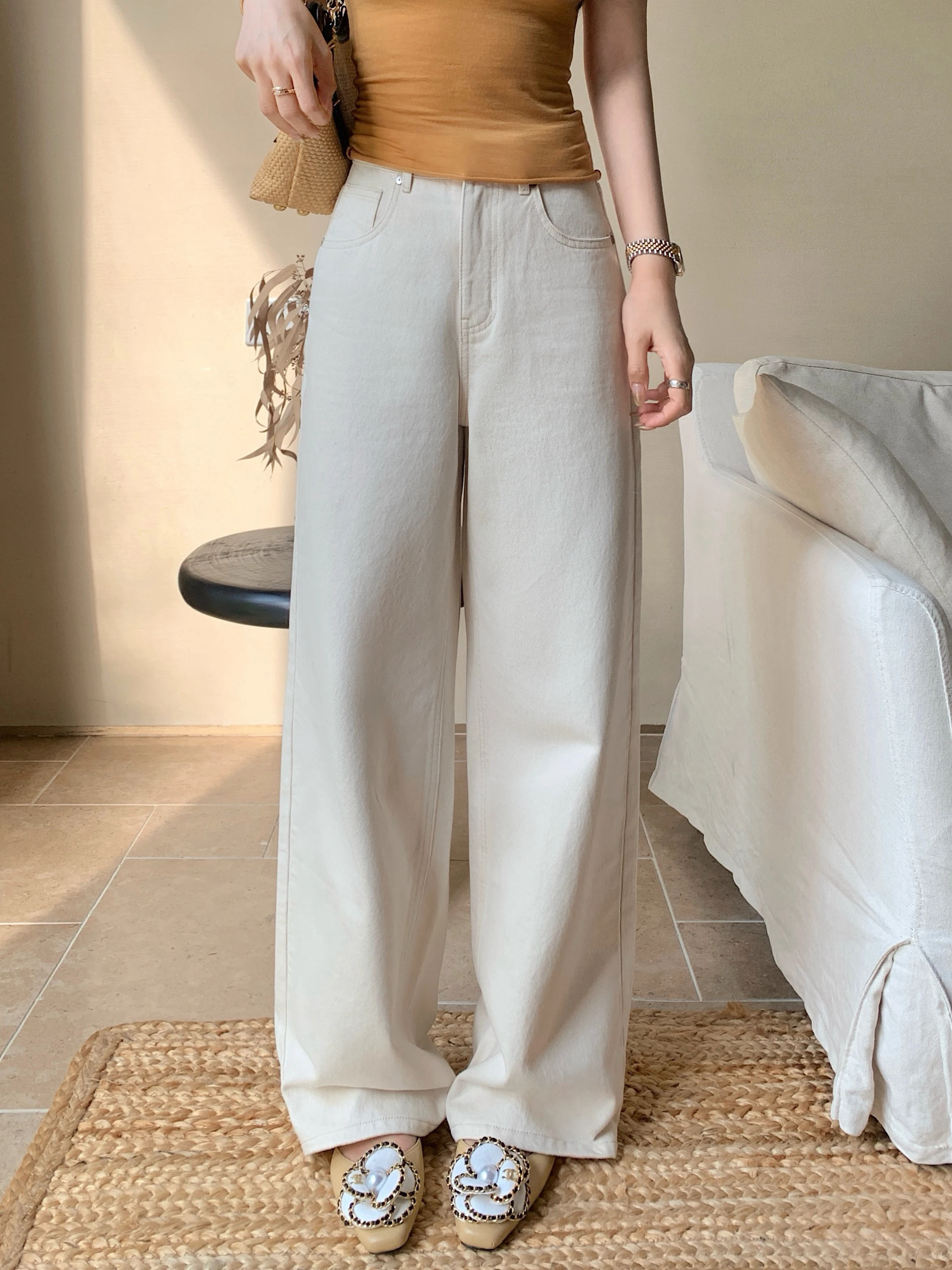 

High-End ORTA100 Long Velvet Cotton Women's Jeans Black Label Old Money White Cow Casual Washed Cotton Elastic Loose Fit