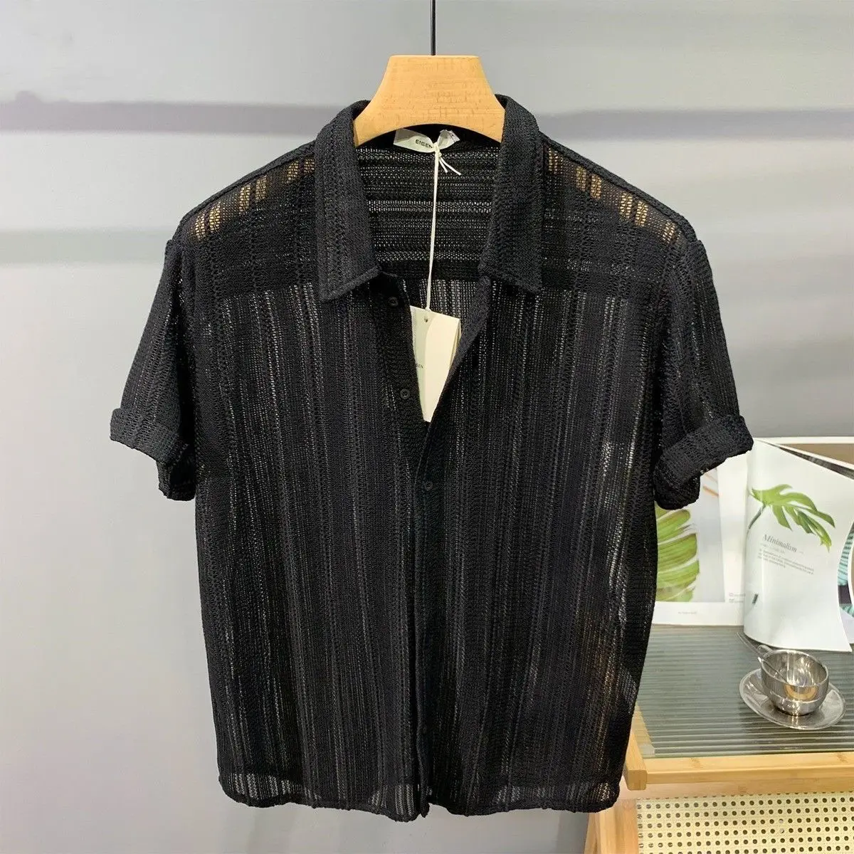 2024 New Summer Thin Hollow Shirts for Men Short Sleeve Trendy French Light Luxury Solid Color Casual Hawaiian Shirt Mens Shirt