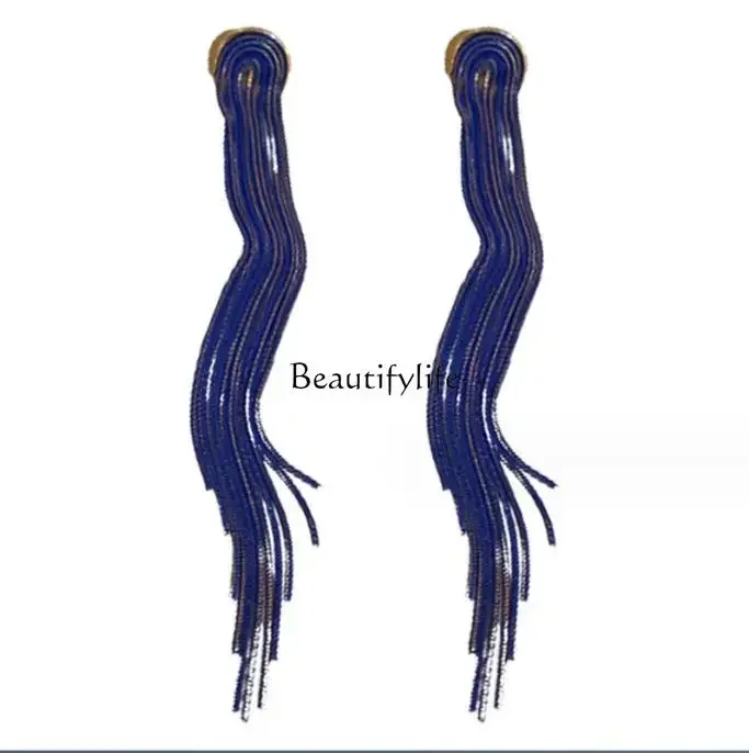 Sapphire blue long fringed earrings 925 fashionable personality retro design ear needles