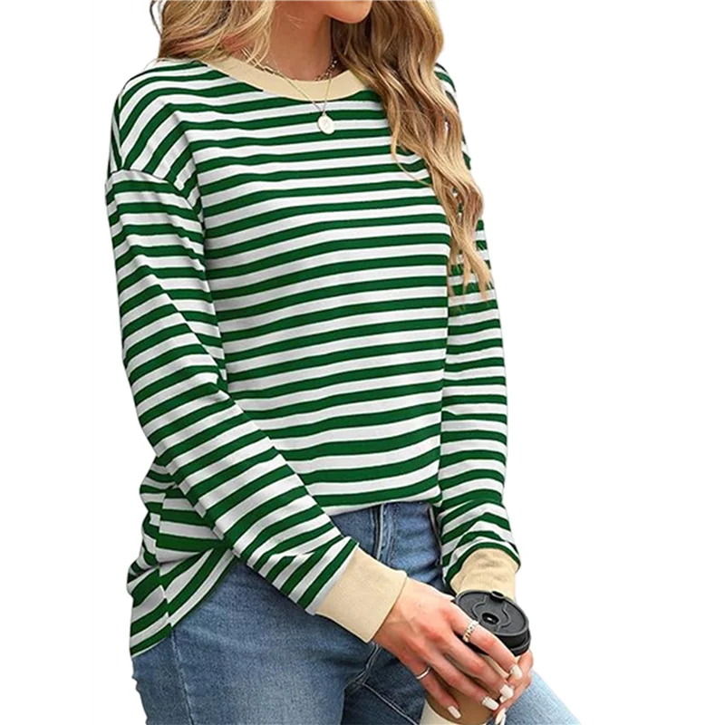 Damskie tuniki z długim rękawem, koszule w paski, bluzki z okrągłym dekoltem