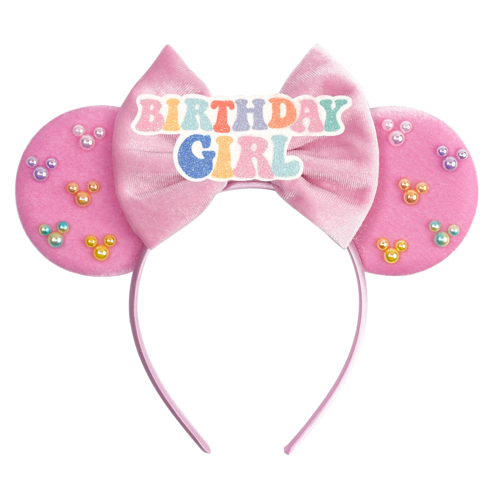 

Disney 3.3"Birthday Girl Ears Headband With Colorful Pearls Girls Bow Hairband Festival Party Cosplay DIY Hair Accessories