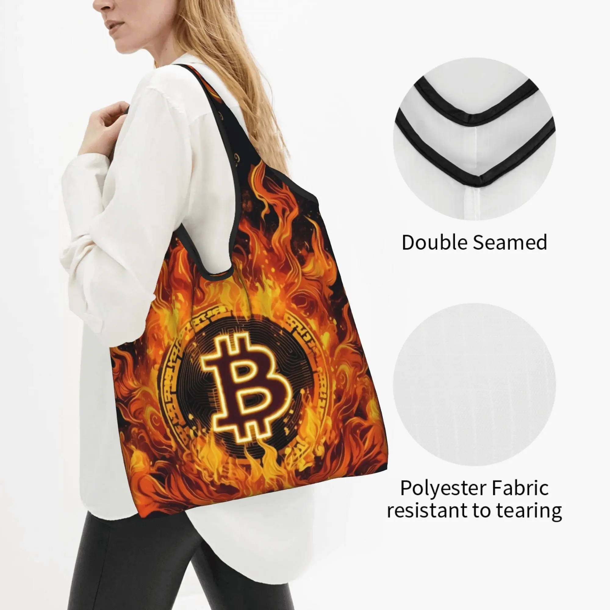 Custom Flame Crypto Virtual Currency Bitcoin  Shopping Bag Women Portable Large Capacity Grocery  Shopper Tote Bags