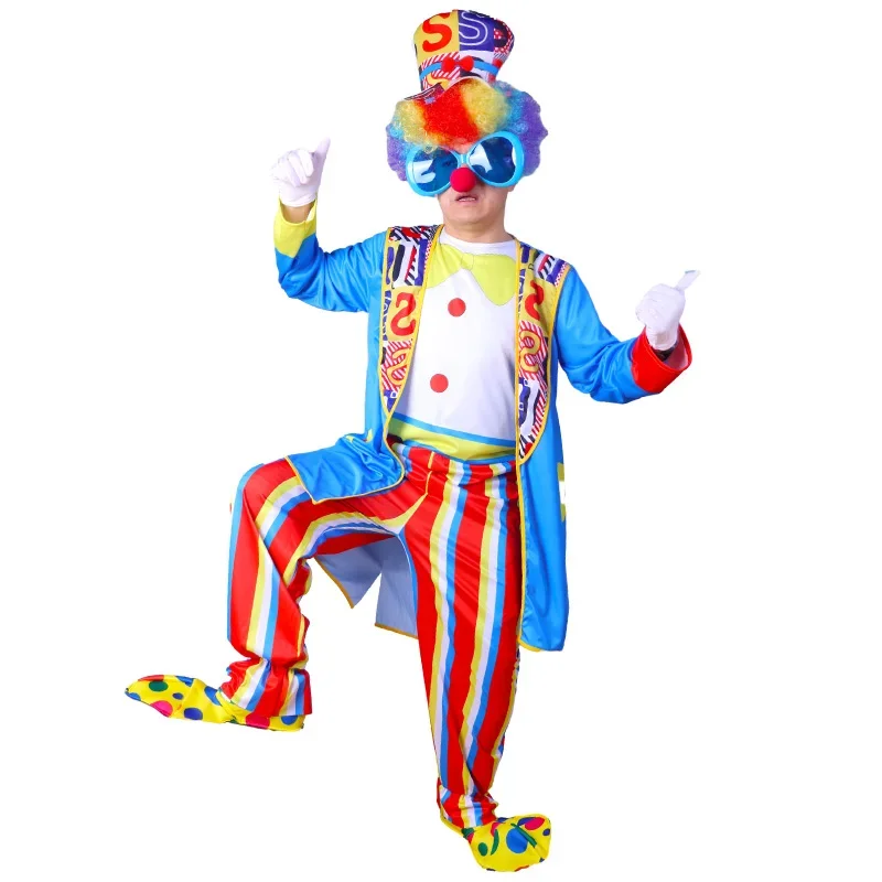 Zirkus-Clown-Kostüm für Erwachsene, Männer und Frauen, mit Maske, Schuhen, Perücke, bläst Drachen-Clown, lustiges Karnevalskostüm