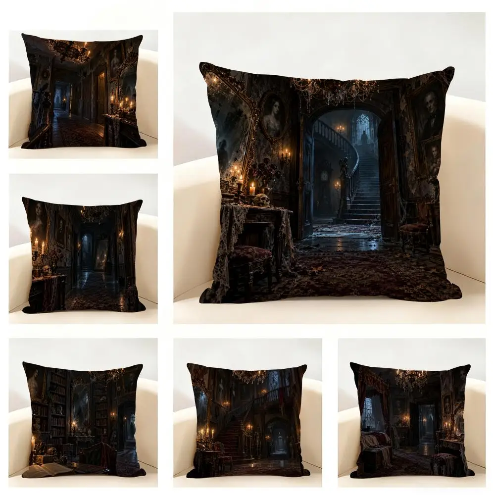 H-Halloween Inside the Haunted House Cushion Cover Linen Minimalist Soft  for Sofa Bed Home Room Decor