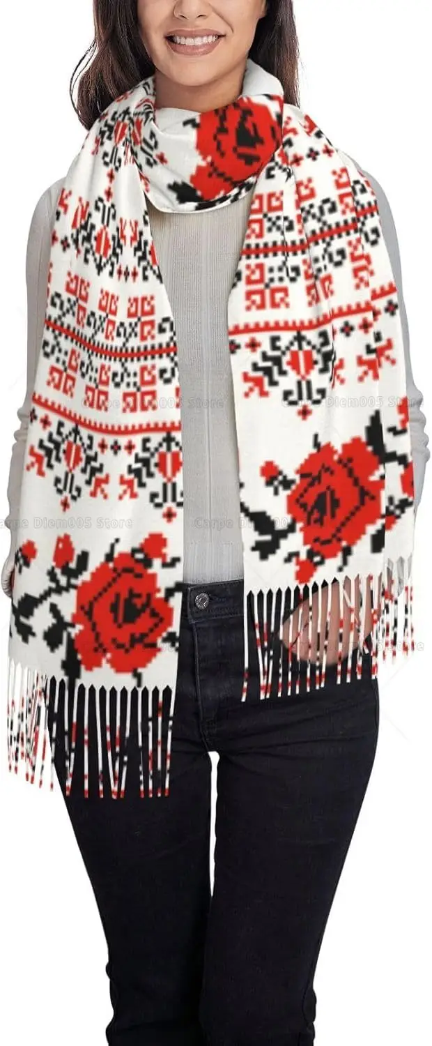 Ukrainian Floral Style Rose Print Tassel Scarf 77.6