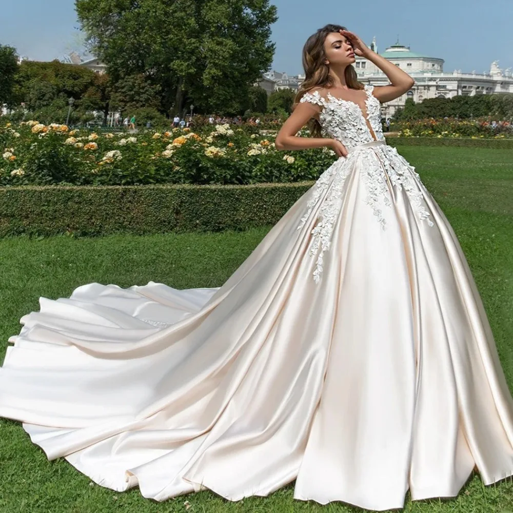 Customized 2026 Off Shoulder Satin Wedding Dresses with Deep V-decal and Ruffled Edges Long Bridal Gown Suitable for Gardens