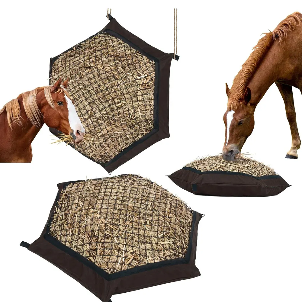 حقيبة شبكية للتغذية البطيئة متعددة الألوان، وحدة تغذية الحصان بأربعة جوانب مع شريطين للتعليق #3