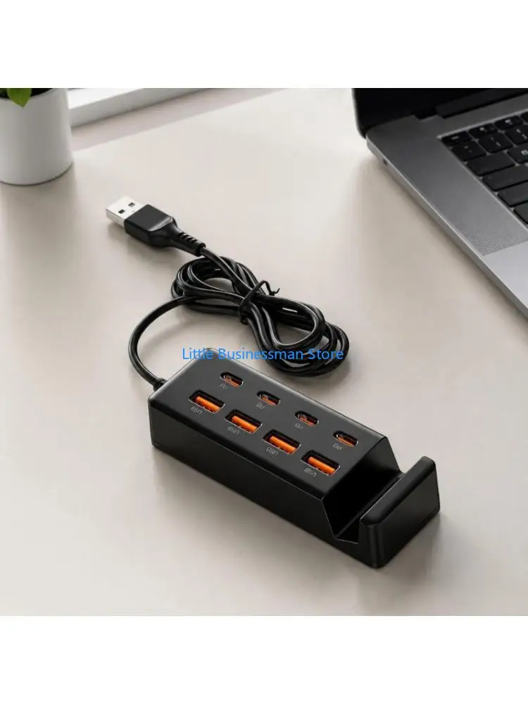 8-Way USB Charging Splitter Adapter with 4 USB-A and 4 USB C Outlets, 480Mbps Data Link and Integrated Vertical Phone Stand M76A
