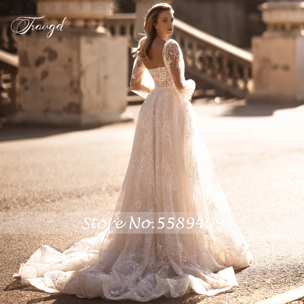 Traugel Sexy Backless Square Neck Long Sleeve Lace Wedding Dresses Delicate Appliques Court Train A Line Vintage Bridal Gown