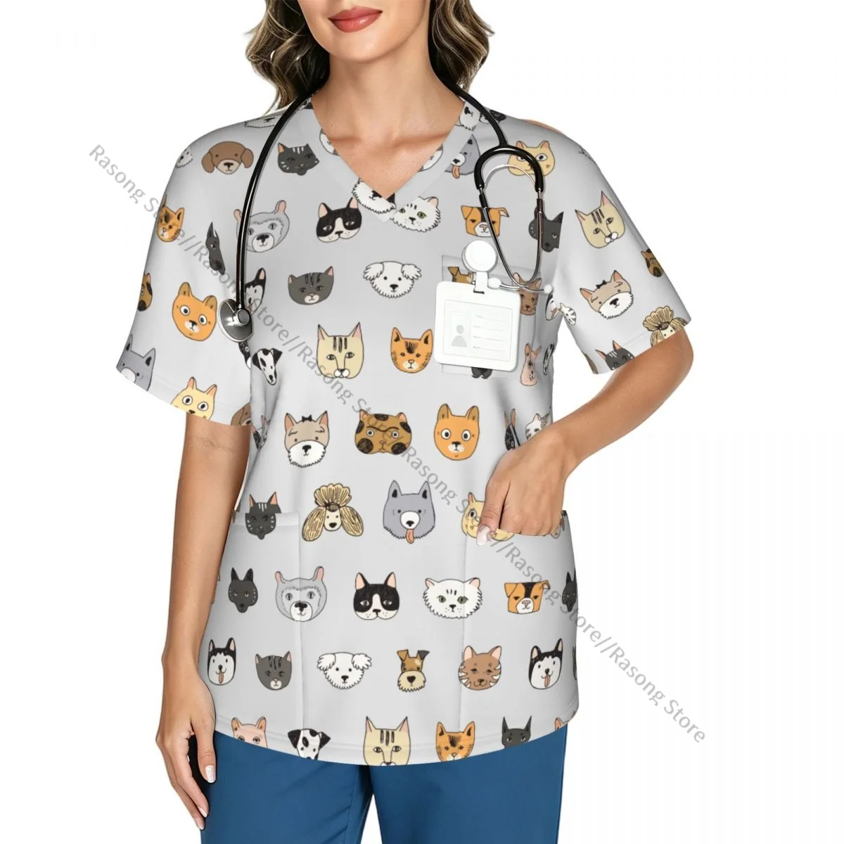 Women's Scrub Tops Short Sleeve Workwear Shirts V Neck Fitness Nursing Uniform Cats Dogs Pullover Spa Doctor Nursing Shirt