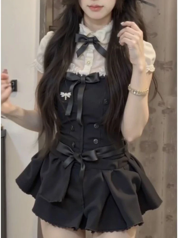 

2025 Spring Preppy Style Sweet Elegant 2 Piece Sets Women Y2K Patchwork Lace Retro Harajuku Female Bow Korea Style Chic Outfits