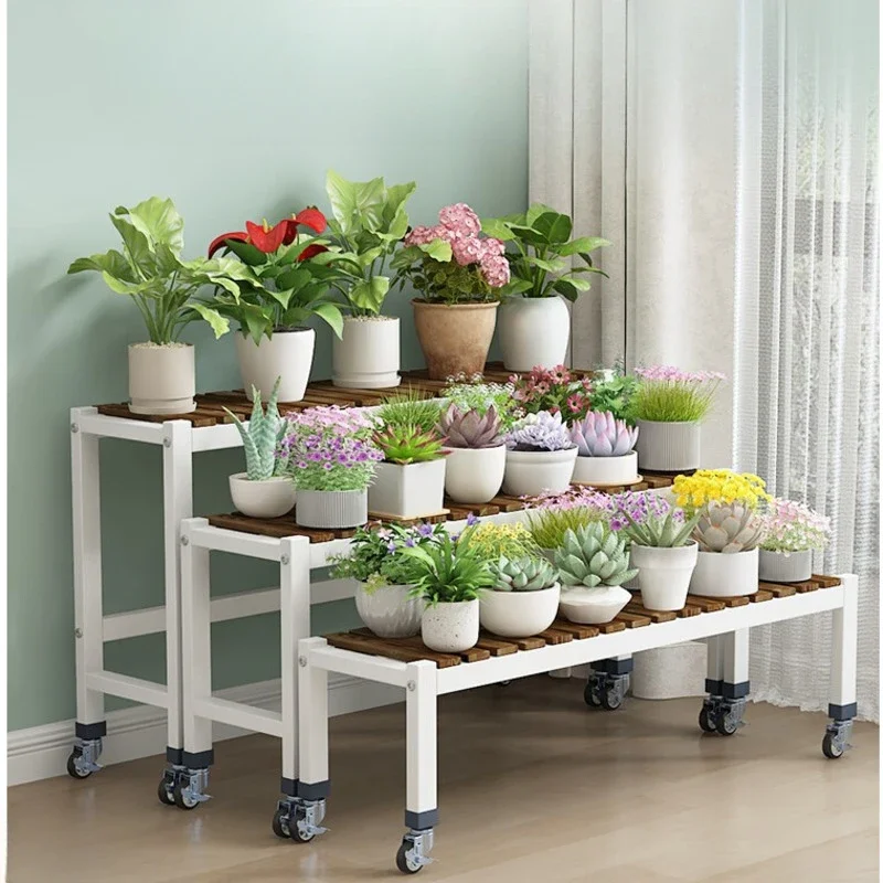 Iron Art Flower Rack, Convenient Wheeled Plant Stand, Long Multi-Layer Flower Pot, Living Room, Balcony