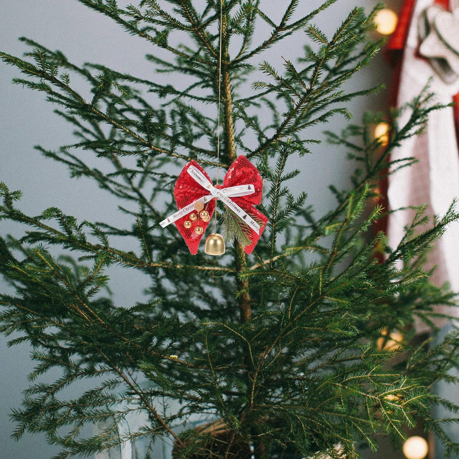 

2 Pcs Decorative Pendant Bow with Bells Christmas Tree Hanging Decorations Glitter Bowknot Ornament Decorate Lovers