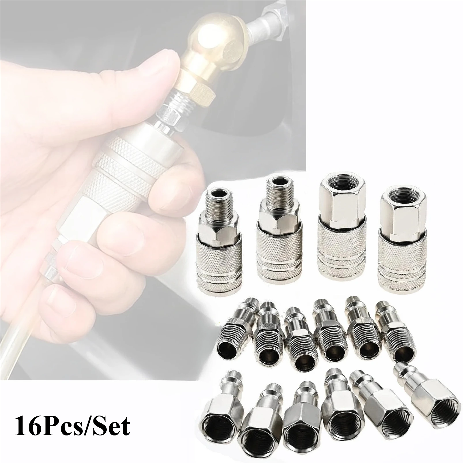 16Pcs/Set Air Compressor Hose Fittings 1/4'' Quick Connect Universal Air Coupler and Plug Kit Auto Shop Air Compressor Adapter