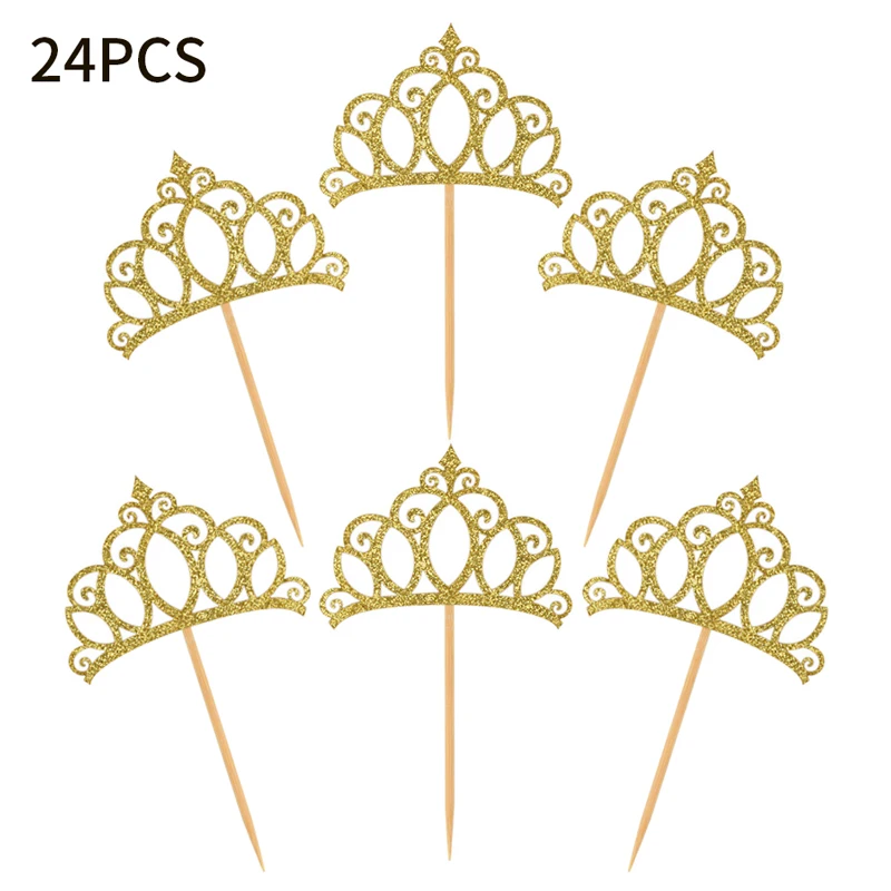 YOMDID 24Pcs Princess Crown Cupcake Toppers Glitter Crown Toppers Gold Crown Cake Toppers Bridal Wedding Birthday Party Supplies