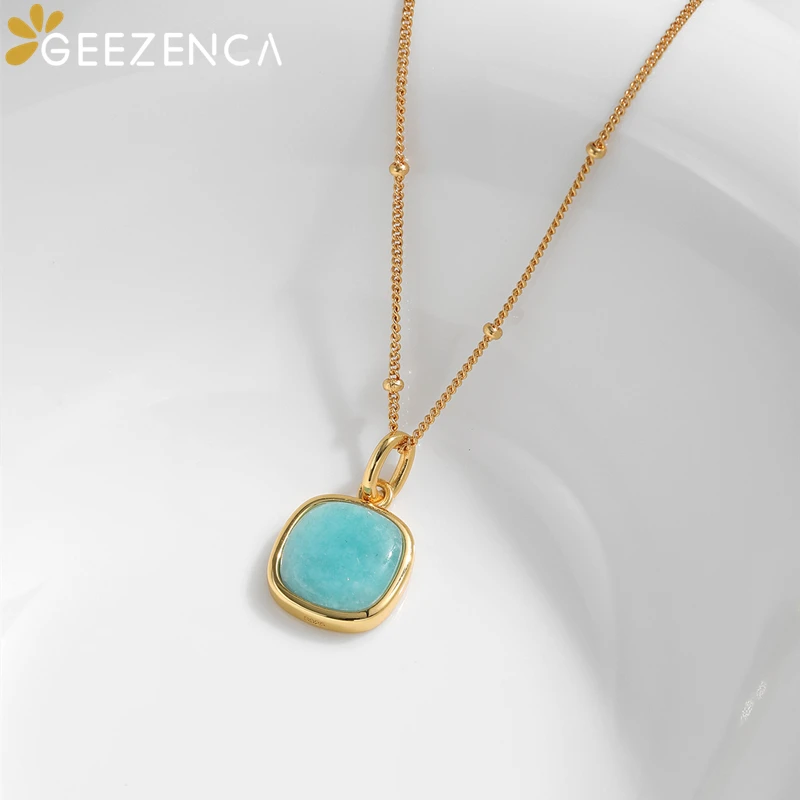 GEEZENCA Natural Amazonite 925 Silver Pendant Necklace For Women Luxury 18k Gold Blue Stone Minimalism Chic Necklaces 2024 New