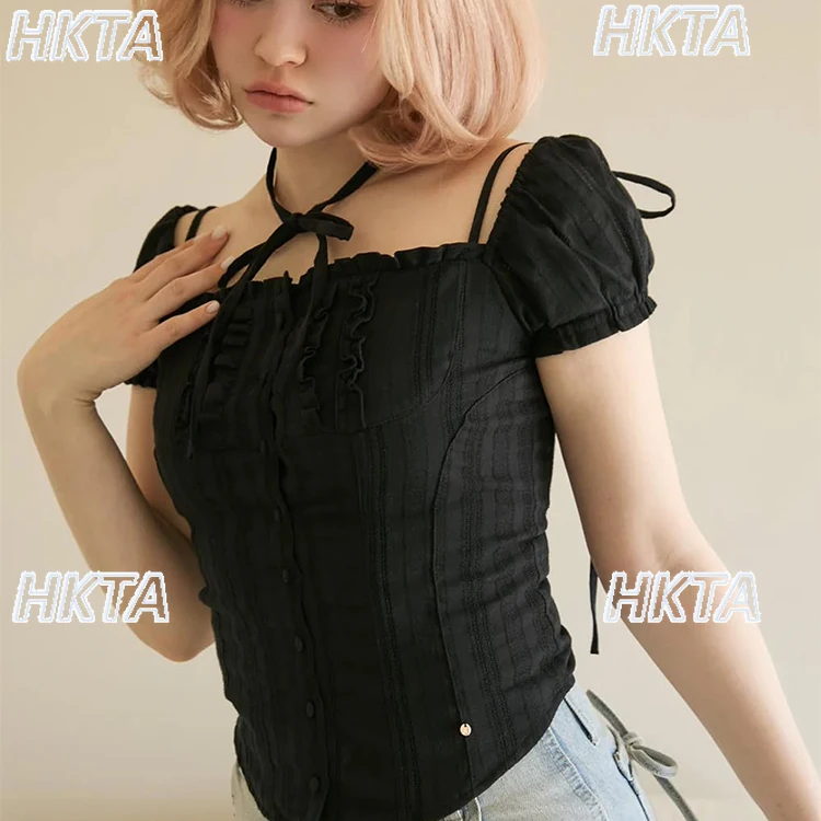 Japońska Słodka Bluzka z Krótkim Rękawem, Sznurowana z Przodu, Zapinana na Klamrę, Dopasowana, z Kwadratowym Dekoltem, Letnia Biała Koszula Damska Camisas