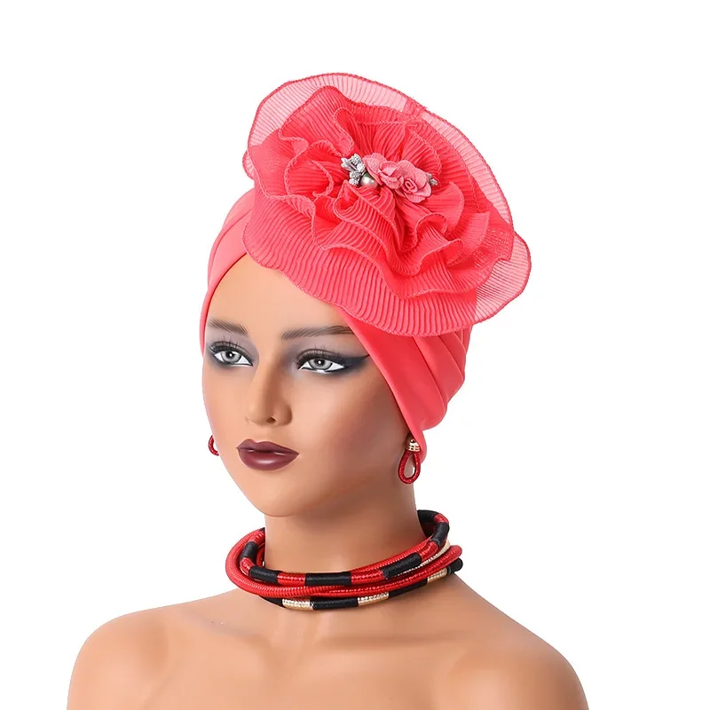 Lastest Flower Turban Bonnet for Women Muslim Hijab Headscarf Chemo Caps Wedding Party Headwear Turbante Mujer African Headtie