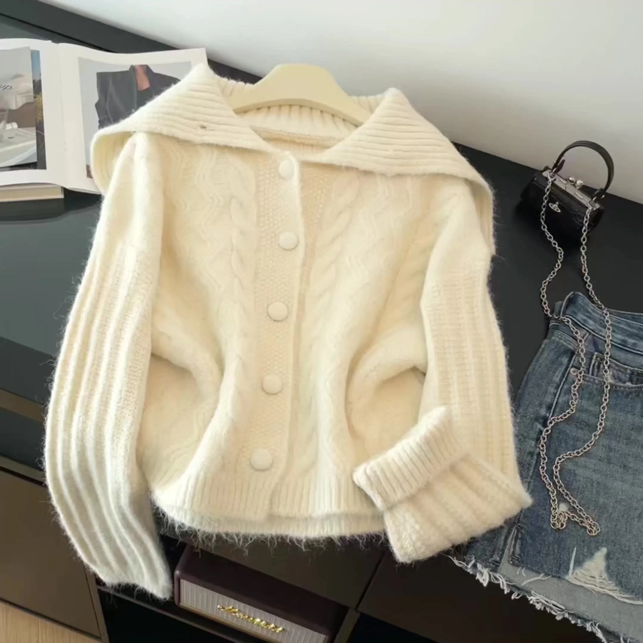 

Women's Apricot Cardigan Sweater Korean Style 2000s Vintage Sailor Collar Long Sleeves Cozy Cashmere Sweater For Women Clothes