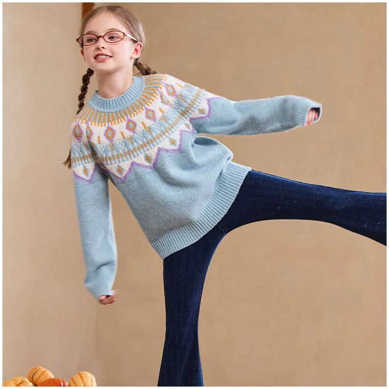 UNITIM Autumn Junior Girls Jacquard Sweater Children Girls Vintage Nordic Knitted Pullover Kids Girl Mock Neck Fair Isle Sweater