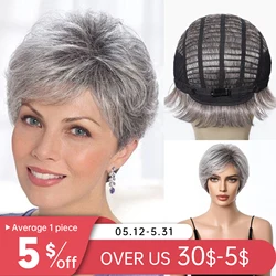 Silver Grey Human Hair Blend Wig for Women Short Pixie Cut Synthetic Wigs with Bangs Natural Layered Blend Hair for Daily Party