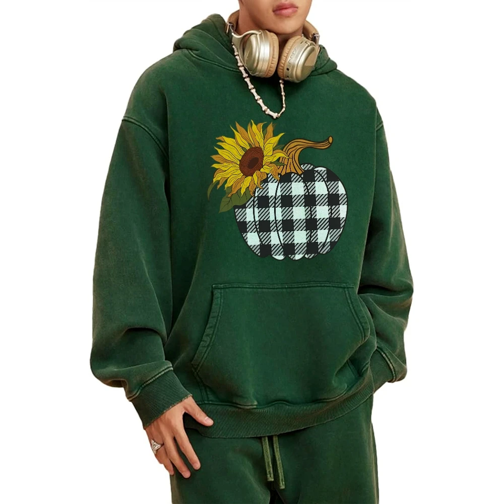 

Sunflower Plaid Pumpkin Trendy Graphic Hoodie Cusal Acid Washed Hoodie Retro Graphic Hoodie Vintage Ghetto Y2K Hoodie