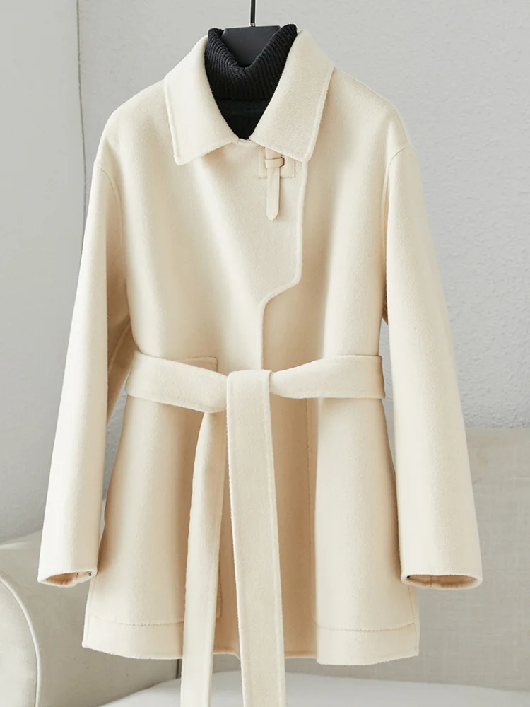 2023 Off White Double-sided Cashmere Coat for Women, Short and Small, New 100 Pure Wool Double-sided Coat