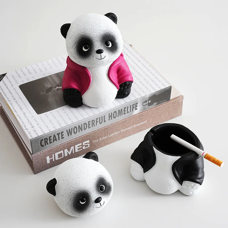 Creative Panda Shaped Ashtray With Lid, Resin Crafts Trendy, Personality Home Living Room Bedroom Office Cartoon Decoration, 1Pc