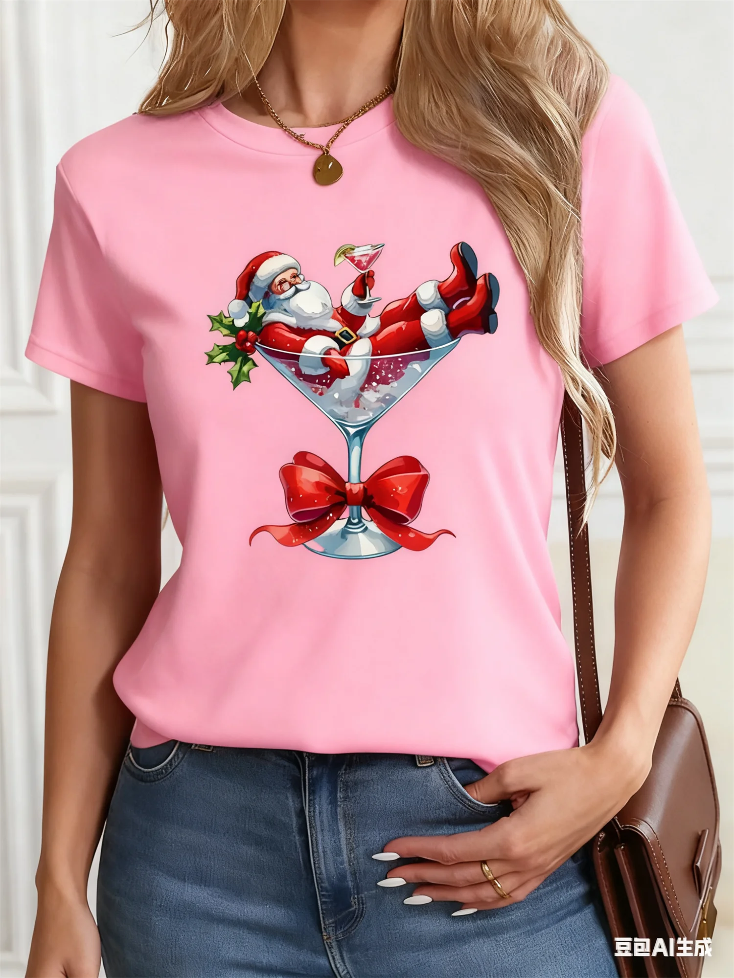 

New Christmas Cocktail Pattern 3D Printed Women's T-shirt Fashion Casual Party Holiday Short Sleeve Round Neck T-shirt Women Top