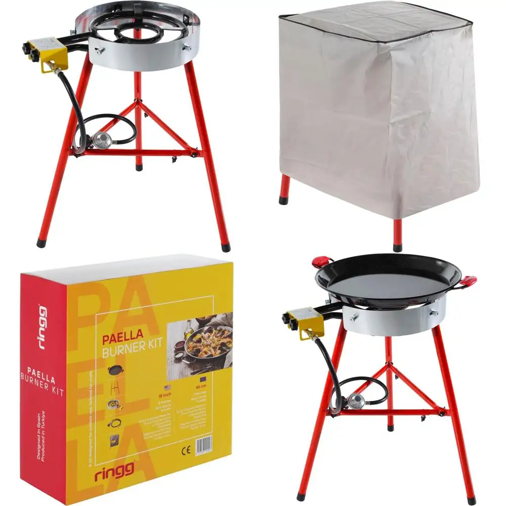 Kit compacto Chef Series con sartén Paella, quemadores de gas duales y soporte para 12 porciones