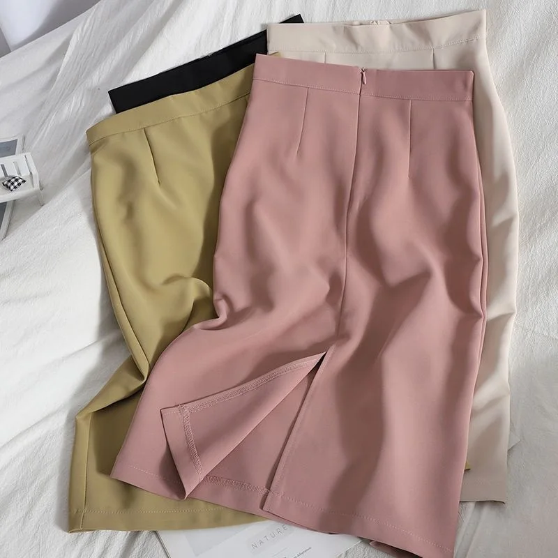 Spring and Autumn Versatile Half length Skirt for Women Solid Color High Waist Hip Wrapping Skirt Temperament Split Gentle