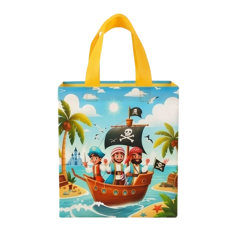 12Pcs Cartoon Pirate Theme Non-woven Gifts Packing Bags Pirate Ship Candy Tote Bag for Kids Birthday Halloween Party Decoration