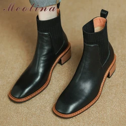 Meotina Women Genuine Leather Ankle Boots Square Toe Thick Mid Heels Chelsea Short Boot Lady Fashion Shoes Winter Brown Black 40