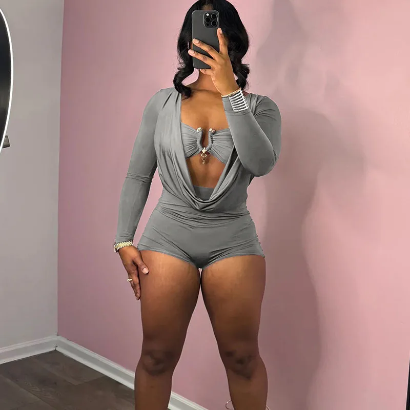 Doyerl-mono de manga larga para mujer, pelele Sexy con escote en V profundo, trajes de fiesta ajustados fruncidos para discoteca, monos cortos de una pieza, otoño 2025